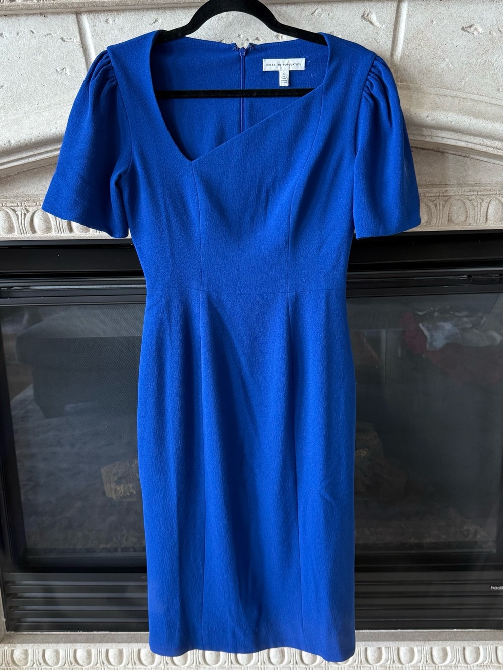 Dress the Population Cobalt Blue Midi Dress with Puff Sleeves